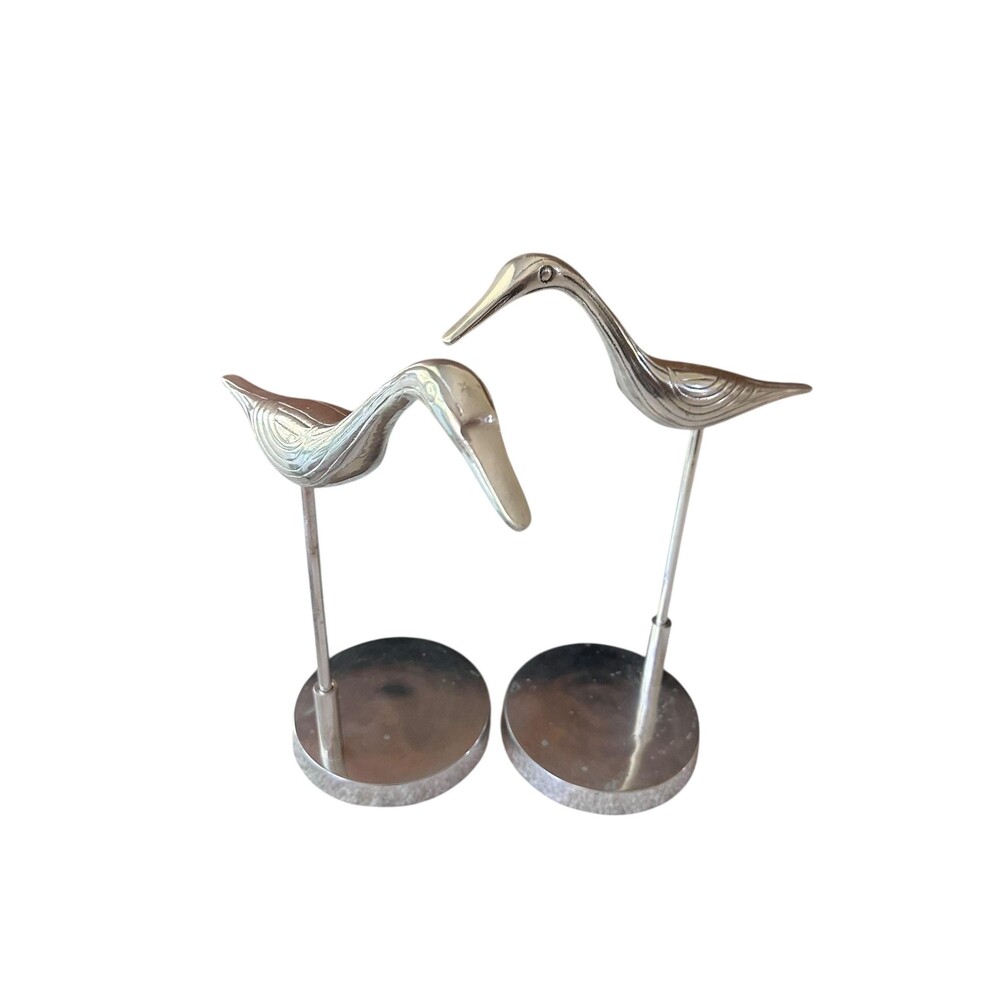 Vintage Pair of 16" Silver Metal Crane Statues | MCM Heron Sculpture Set |